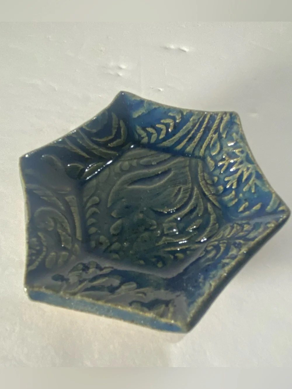 Handmade Pottery Trinket Dish Set of 2 Blue Floral Carved Ring Jewelry Small